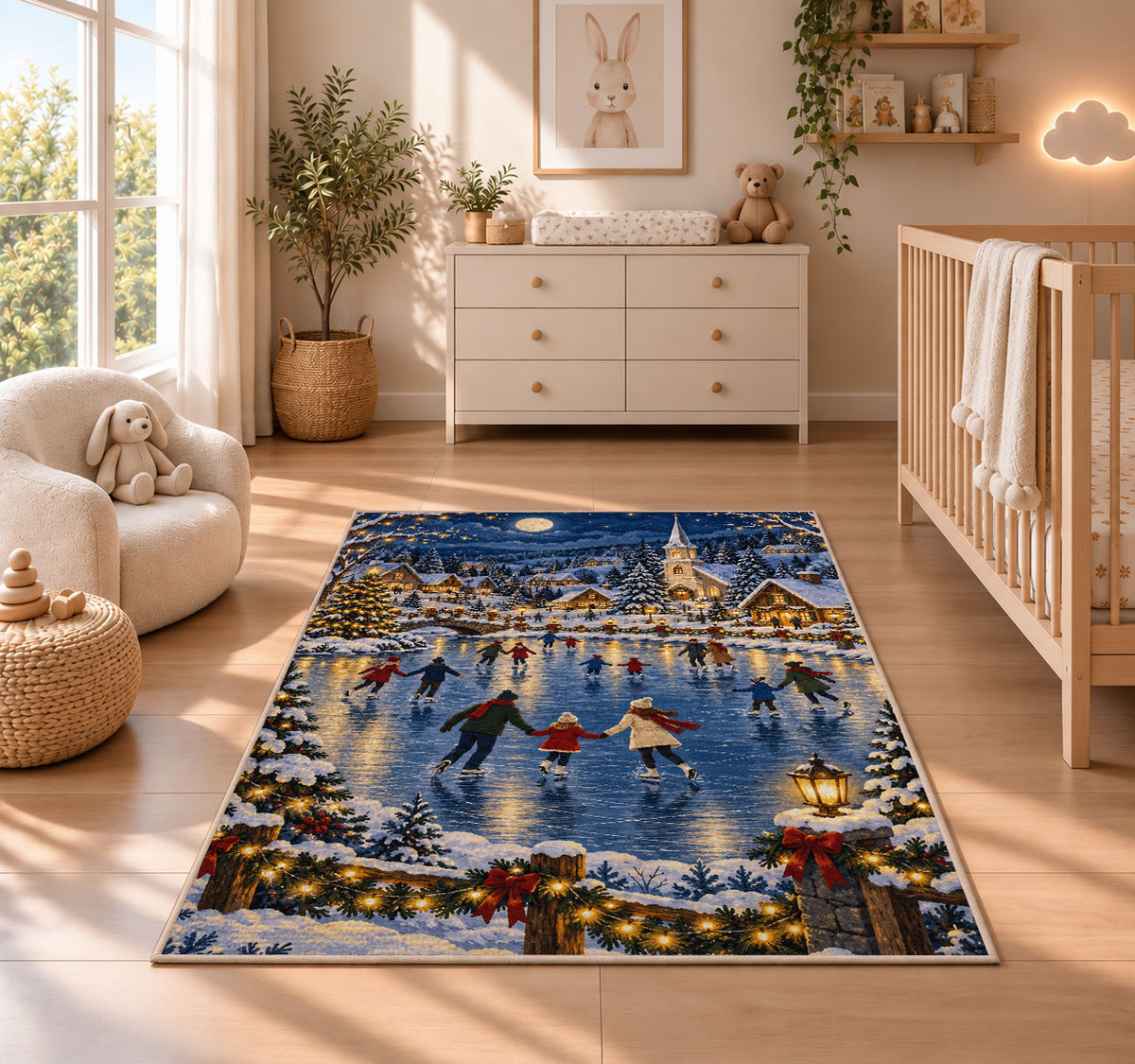 Village Ice Skating Night rug in a nursery beside a crib and dresser