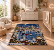Village Ice Skating Night rug in a nursery beside a crib and dresser