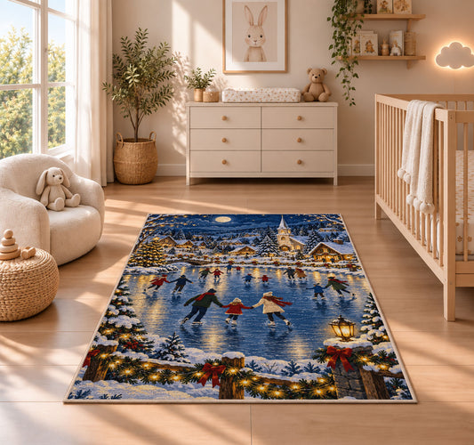 Village Ice Skating Night rug in a nursery beside a crib and dresser