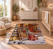 Wooden Sled Snowy Porch rug in a nursery beside a crib and dresser