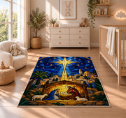Bethlehem Star Stained Glass rug in a nursery beside a crib and dresser