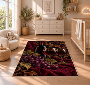 red wine and grapes rug in a nursery beside a crib and dresser