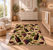 wine pattern rug in a nursery beside a crib and dresser