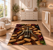 corkscrew and wine corks rug in a nursery beside a crib and dresser
