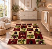 checkered wine rug in a nursery beside a crib and dresser