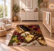 wine and cheese board rug in a nursery beside a crib and dresser