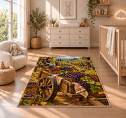 grape harvest rug in a nursery beside a crib and dresser