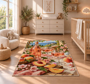 rose wine summer rug in a nursery beside a crib and dresser