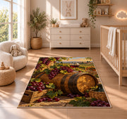oak wine barrel rug in a nursery beside a crib and dresser