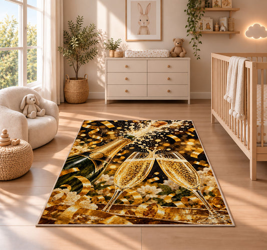 champagne celebration rug in a nursery beside a crib and dresser