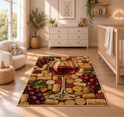 wine cork mosaic rug in a nursery beside a crib and dresser