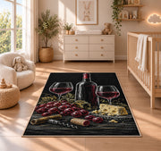 dark slate wine still life rug in a nursery beside a crib and dresser