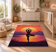 tree pose yoga sunset rug in a nursery beside a crib and dresser