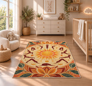 sun salutation yoga rug in a nursery beside a crib and dresser