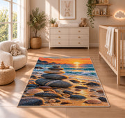 balanced stones beach rug in a nursery beside a crib and dresser