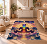 chakra meditation rug in a nursery beside a crib and dresser