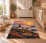 warrior pose mountain rug in a nursery beside a crib and dresser
