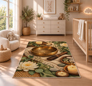 singing bowl meditation rug in a nursery beside a crib and dresser