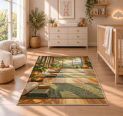 yoga studio rug in a nursery beside a crib and dresser