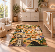 cats doing yoga rug in a nursery beside a crib and dresser