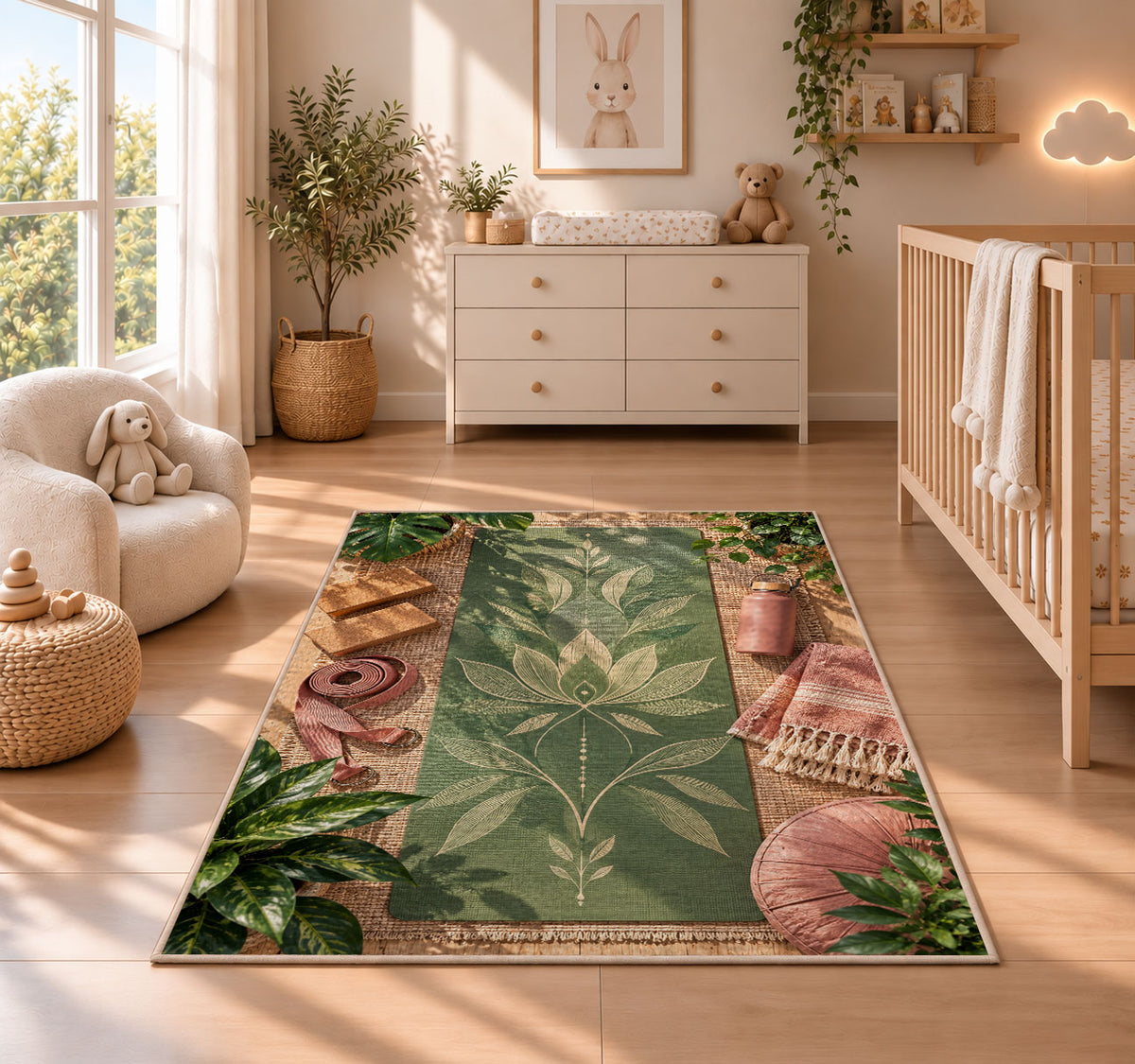 yoga mat flat lay rug in a nursery beside a crib and dresser