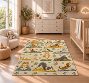 dogs doing yoga rug in a nursery beside a crib and dresser