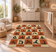yoga poses checkered rug in a nursery beside a crib and dresser