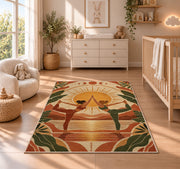 partner yoga boho rug in a nursery beside a crib and dresser