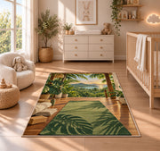 tropical yoga deck rug in a nursery beside a crib and dresser