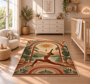 boho arch yoga rug in a nursery beside a crib and dresser