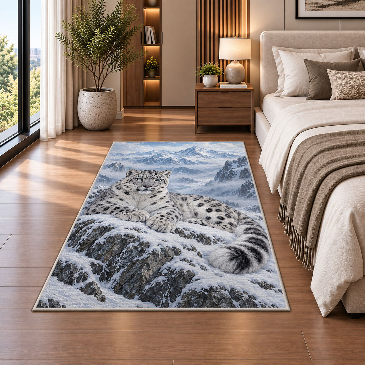 Snow Leopard Mountain Rug in a bedroom beside the bed