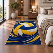 Swirling Volleyball Rug in a bedroom beside the bed