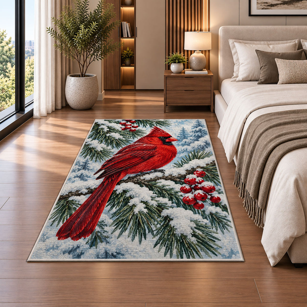 Cardinal on Snowy Branch Rug in a bedroom beside the bed