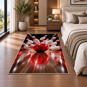 Bowling Strike Rug in a bedroom beside the bed