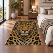 Leopard Face Close-Up Rug in a bedroom beside the bed