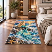 Mermaid on the Rock Rug in a bedroom beside the bed