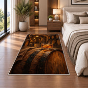 Oak Barrel and Whiskey Rug in a bedroom beside the bed