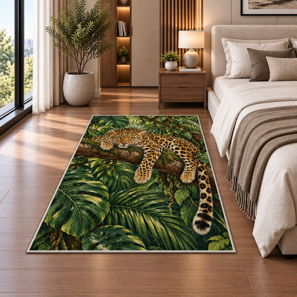 Leopard Resting on Tree Branch Rug in a bedroom beside the bed