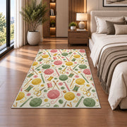 Knitting Tools Pattern Rug in a bedroom beside the bed