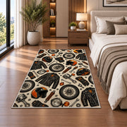 Biker Gear Pattern Rug in a bedroom beside the bed