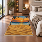 Beach Volleyball Sunset Rug in a bedroom beside the bed