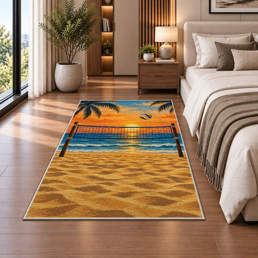 Beach Volleyball Sunset Rug in a bedroom beside the bed