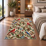 Backyard Birds Pattern Rug in a bedroom beside the bed