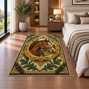 Horse Head in Horseshoe Rug in a bedroom beside the bed