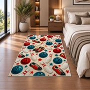 Bowling Pattern Rug in a bedroom beside the bed
