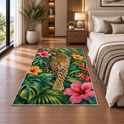 Leopard in Tropical Leaves Rug in a bedroom beside the bed