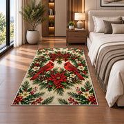 Two Cardinals and Wreath Rug in a bedroom beside the bed