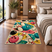Retro 50s Bowling Rug in a bedroom beside the bed
