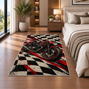 Racing Motorcycle Checkered Rug in a bedroom beside the bed