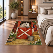 Red Barn Door Horse Rug in a bedroom beside the bed